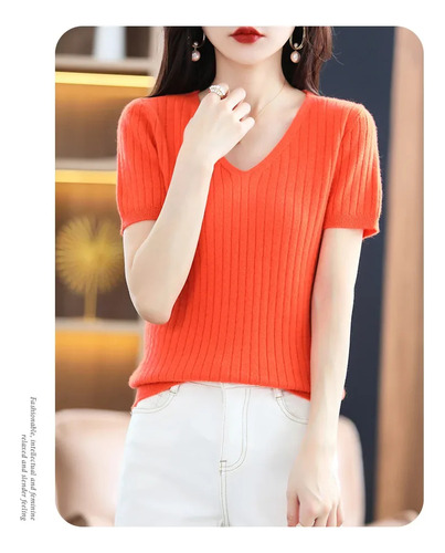 Top De Punto De Manga Corta Con Cuello En V Para Mujer