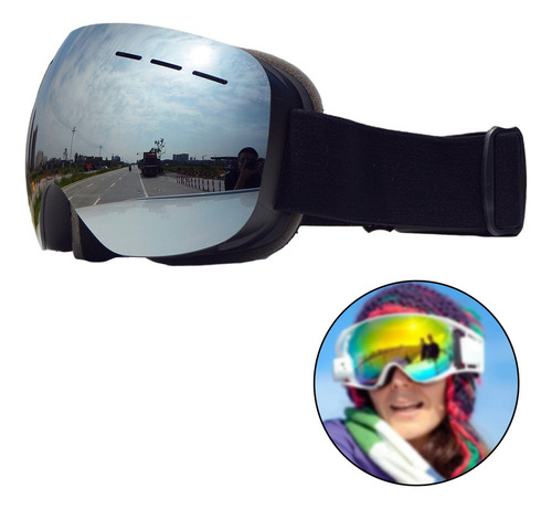 Anti Fog Uv 400 Protección Marco Negro Nieve Lentes Plateada