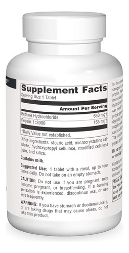 Source Naturals Betaína 650 Mg, 180 Tabletas Sabor Sin Sabor