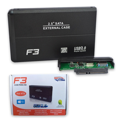 Case Hd Externo 4tb Sata 2,5 Usb 2.0 Gaveta Alumínio Slim F3 Preto
