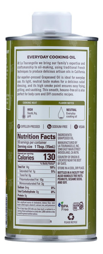 Aceite De Semilla De Uva Prensada, Alto Calor 750 Ml