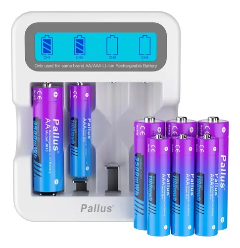 Pallus Kit 4 Batterie Ricaricabili AA 3500 MWh + 4 AAA 1100 MWh Con Caricabatterie Rapido Da 2 Ore, Fino A 1600 Cicli