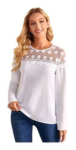 Blusa Blanca Encaje Flor Shein Importada