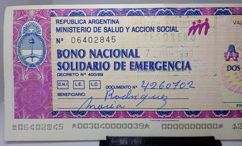 Billete Bono Nacional Solidario De Emergencia (Usado)
