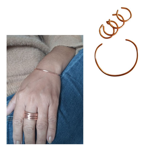 Kit 1 Pulseira + 4 Anéis De Cobre 100% Natural Feito A Mão Cobre 15 Cm 15 Cm