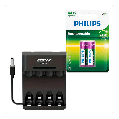 Cargador De Pilas Aaa / Aa + 2 Pilas Aa Recargables Philips