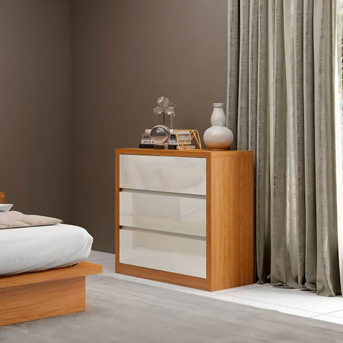 Cômoda 90cm C/ 3 Gavetas Dalla Costa 100% Mdf Cor Off White com Freijó