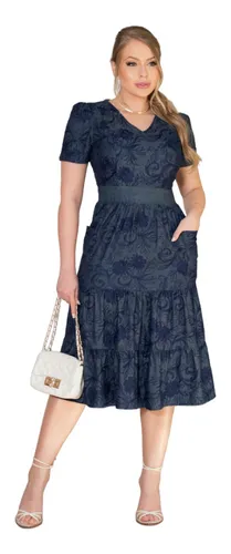 Vestido Maxi Jeans Bordado Kauly 3723 Moda Evangelica
