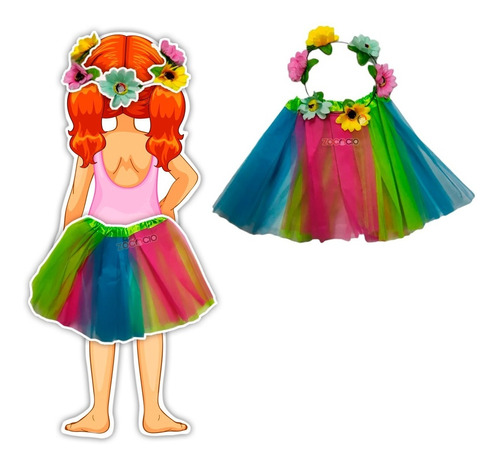 Combo Kit Disfraz Flores Hawaiana Tutu Y Diadema Halloween