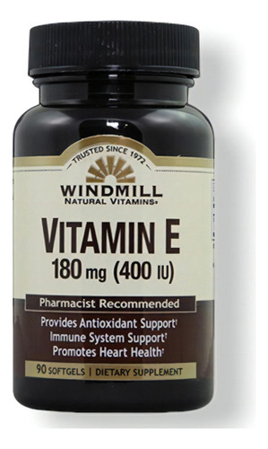 Vitamina E 180mg (400 Iu) Windmill Antioxidante 90 Softgels Sabor Sin sabor