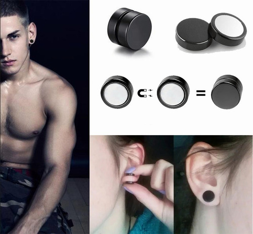 Par 2 Aretes Piercing Falso Imán Expansor Negro 2x10mm