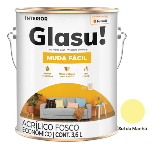 Tinta Acrílica Fosco Glasu! Muda Fácil 3,6l Suvinil Cores Cor Amarelo