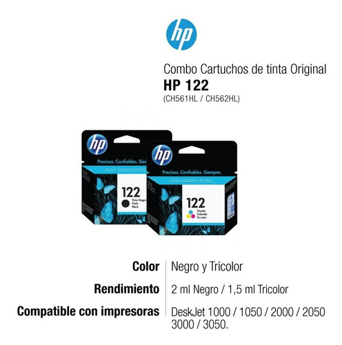 Imagen 2 de 7 de Combo Cartuchos Originales Hp 122 Negro + Color 3050 2050
