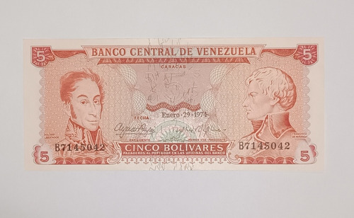 Billete De Venezuela 5 Bs Enero 29 1974 - Sin Circular - B7