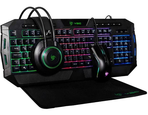 Combo Vsg Gamer 4 En 1 Crux, Mouse, Keyboard, Pad, Audifonos Color del teclado Negro