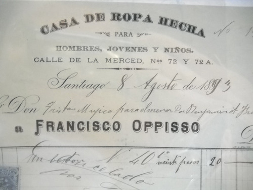 Documento Antiguo Factura Casa De Ropa F Opisso (Usado)