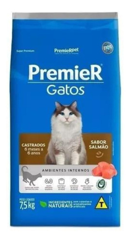 Alimento Premier Super Premium Castrados 6 meses até 6 anos para gato adulto sabor salmão em sacola de 7.5kg
