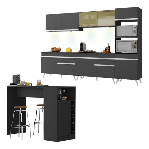 Cozinha Completa/bancada Americana Veneza Multimóveis Mp2199 Cor Preto/branco