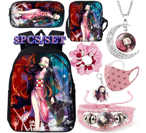 8 Unids/set Demon Slayer Nezuko Mochilas+collar+corbata Para