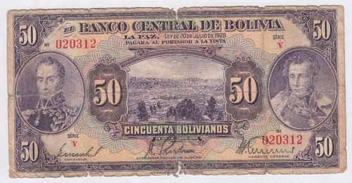 Billete Bolivia 50 Bolivianos 1928 Reverso Naranja Y (c85)