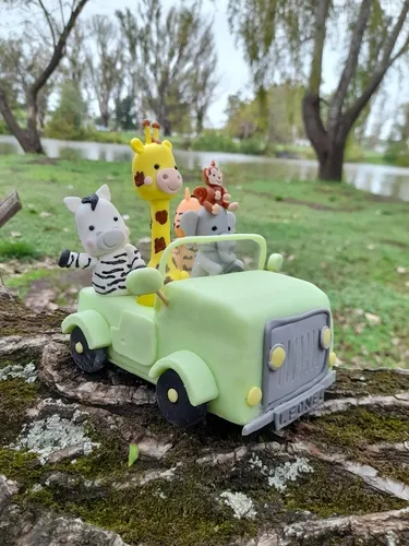 Adorno En Porcelana Fria Para Torta Auto Safari Con Animales