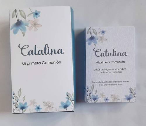 50 Estampitas + Caja Contenedora Comunión Bautismos Blanco
