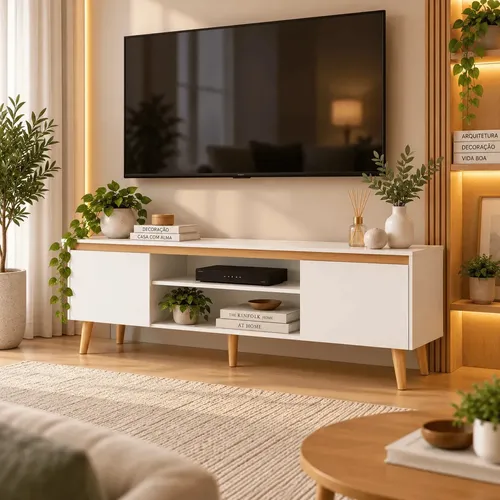 Rack Tv 55 Polegadas Estante Para Sala com 2 portas Nicho com Prateleira Madeira com Detalhe em Amadeirado Claro Branco