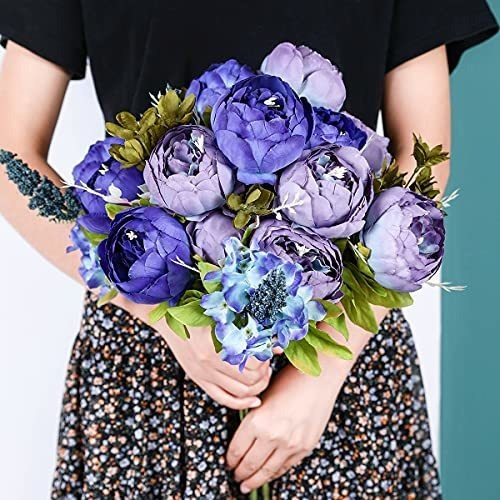 Flores Artificiales De Seda/ Ramo De Peonias /azul- 2 Tonos | Envío gratis