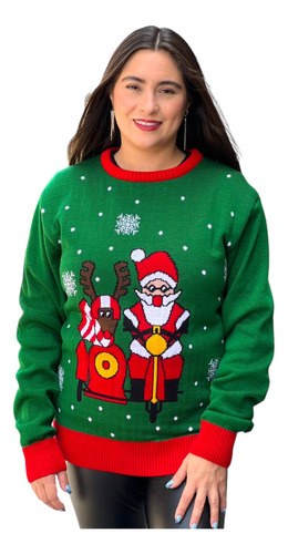 Sueter Navideño / Ugly Sweater C/ Santa Y Reno En Moto Adult