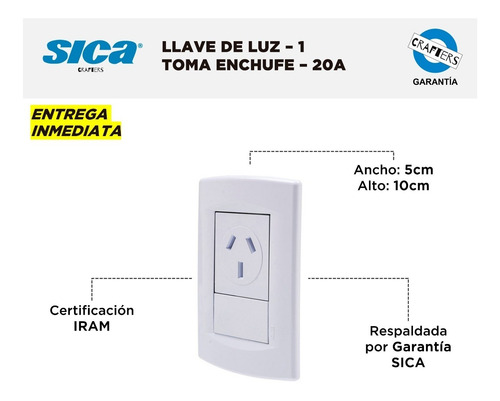 Imagen 2 de 6 de Llave De Luz Sica - 1 Toma Enchufe Argentino - 20a - Blanca