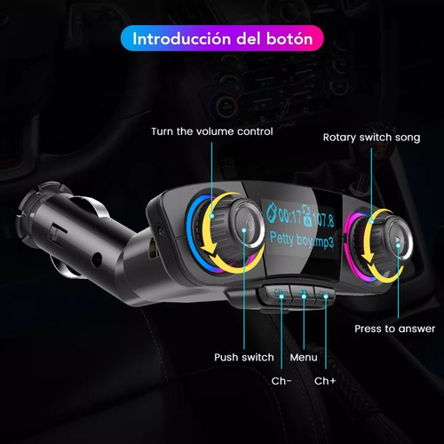 Mz Receptor Bluetooth Y Transmisor Fm Auto Cargador Rápido