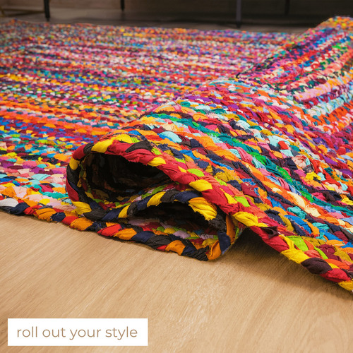 Alfombra Trenzada De Algodón Colorida, Reversible, Multicolo