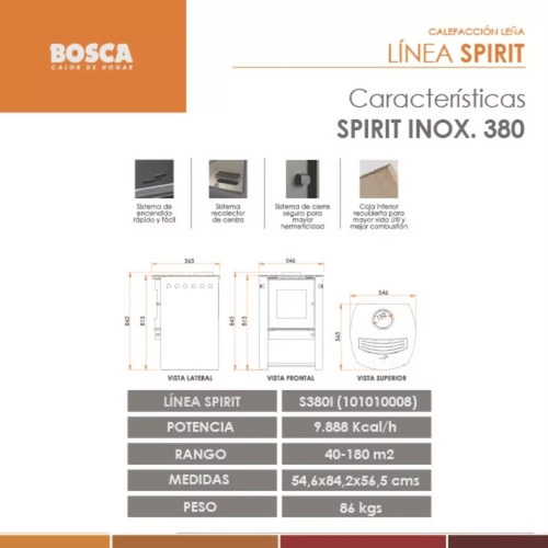 Salamandra Bosca Spirit 380 Ac. Inox. Estufa 180m2 Kcal 9900