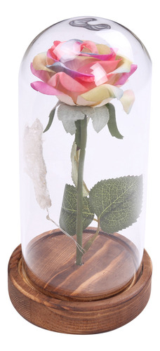 Rosa Eterna En Cúpula De Cristal Con Base De Madera Con Luz