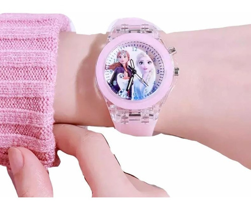 Reloj Frozen Rosado Princesa Elsa Y Ana Con Luz Led