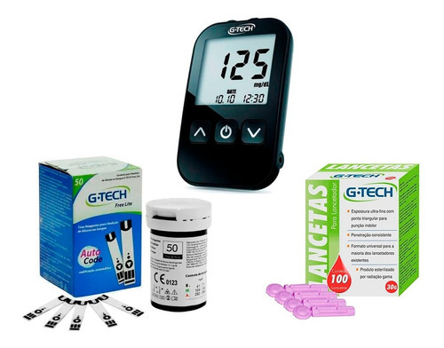 Kit Aparelho Medir Glicose Diabete G-Tech Lite Com 50 Tiras E 100 Lancetas