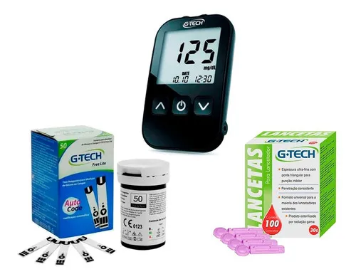 comprar Kit Aparelho Medir Glicose Diabete G-Tech Lite Com 50 Tiras E 100 Lancetas