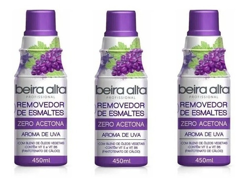 Kit 3 Removedor De Esmaltes Zero Acetona Aroma De Uva 450ml