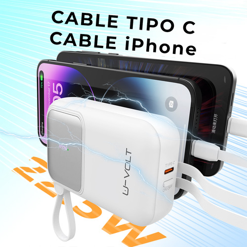 Power Bank Batería Portátil 10000mah Carga Rápida 22.5w Con 3 Cables Incorporados Tipo C Iph Usb Pantalla Digital U-volt Cargador Compatible Con iPhone Samsung Motorola Xiaomi Huawei Color Blanco