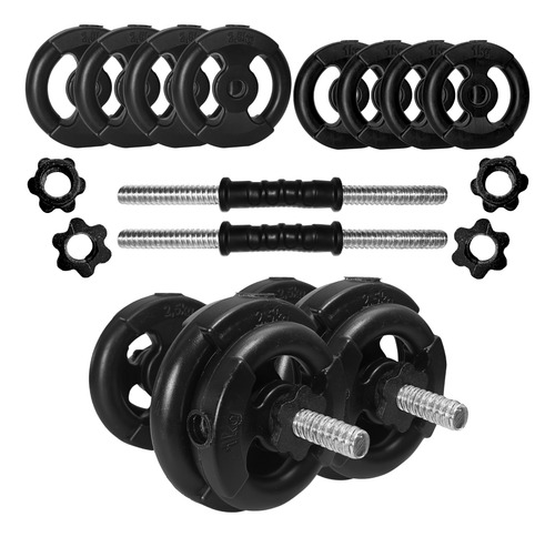 Kit Mancuernas A Rosca + 14 Kg Discos Pesas C/manijas Sonnos Negro