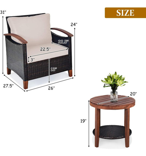 Juego De Muebles De Patio 3 Piezas Ratán Mesa Y Cojines Beige