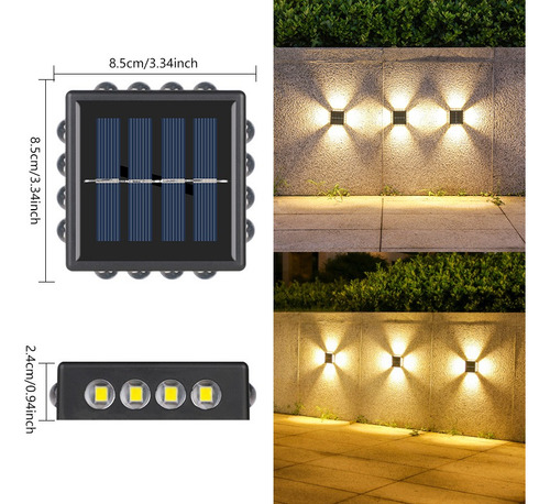 8 X Arandela Solar 4 Focos Parede Slim 12 Fachos Led Externa Estrutura Amarelo 1.2V