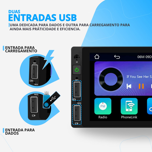 Central Multimidia 1 Din Carplay Usb Android Bluetooth Ios