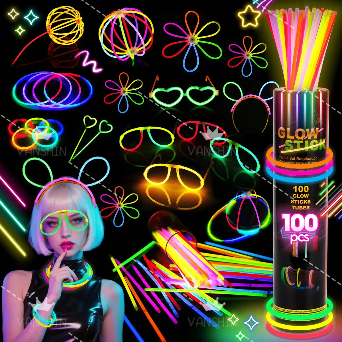 Imagen de Pack de 100 Pulseras Neón Luminosas y Fluorescentes con Conectores para Fiestas