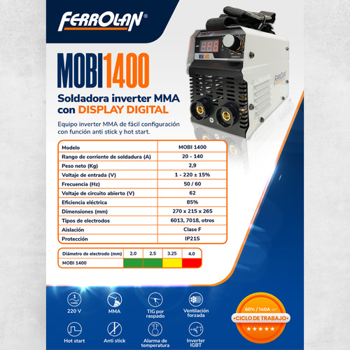Soldadora Inverter Mma Ferrolan Mobi 1400 Careta Accesorios