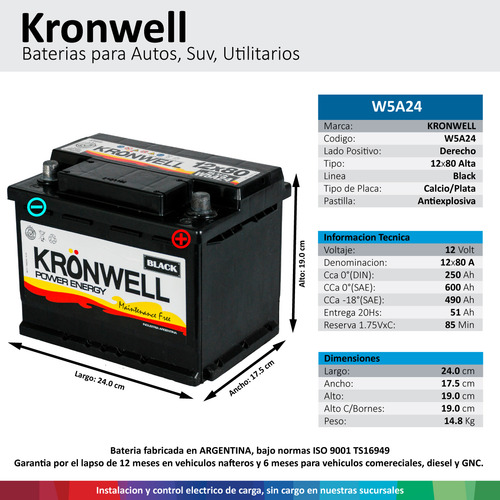 Bateria Kronwell 12x75 Alta 12v 75ah W5a24 Derecho
