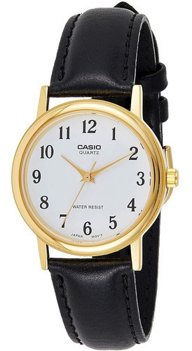 Reloj Casio Mtp1095 7b Unisex Correa Negra Piel Full Color de la correa Negro Color del bisel Dorado Color del fondo Blanco