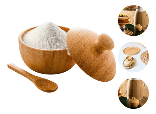 Porta Mantimento Pote Acuçar Acucareiro De Bambu C/ Colher Cor Natural