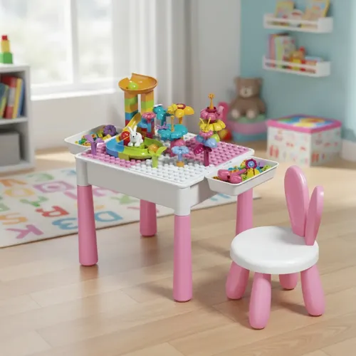 Mesa de Atividades Infantil 2 em 1 com Cadeira Orelhinha para Blocos de Montar e Desenhar Rosa