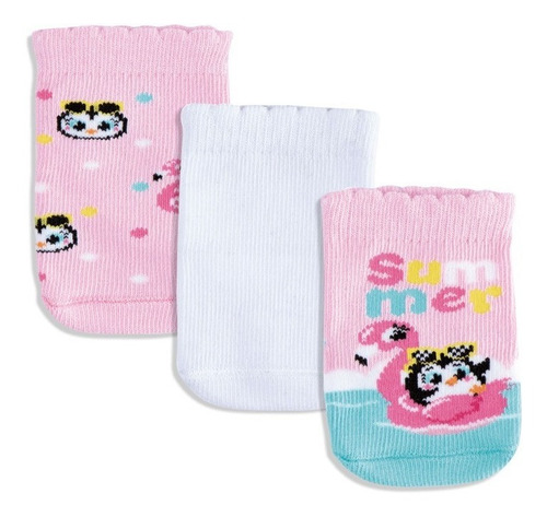 Pack Com 3 Meias Puket Pinguin Rosa E Branca - 5 A 8 Meses